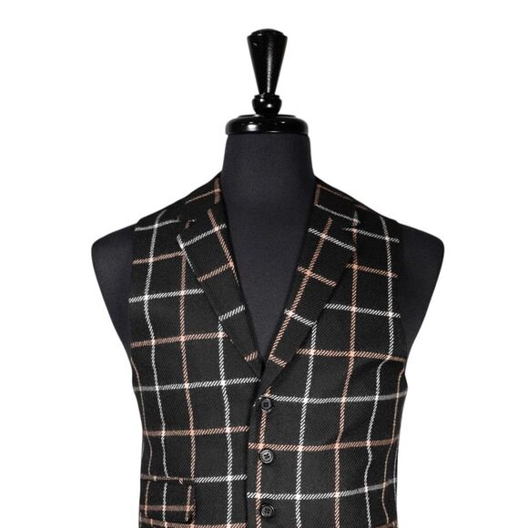 Mens Waistcoat Suit Lapel Vest 40R Black Beige Plaid Check Wool Formal Wedding - Picture 4 of 9